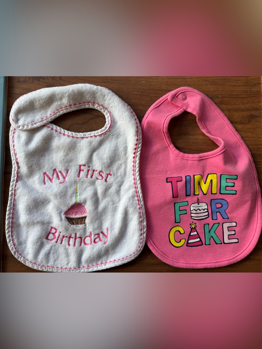 Pink "Time for Cake" & White "My First Birthday" Baby Bibs - 2 Pack